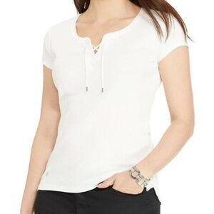 Lauren Ralph Lauren White Short Sleeve Lace-Up Tee 100% cotton, Large